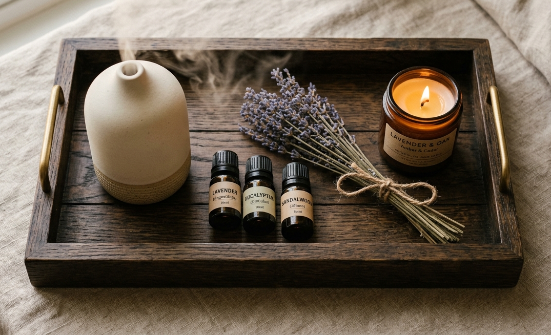 Noptieră minimalistă cu ceas clasic și difuzor de aromaterapie
